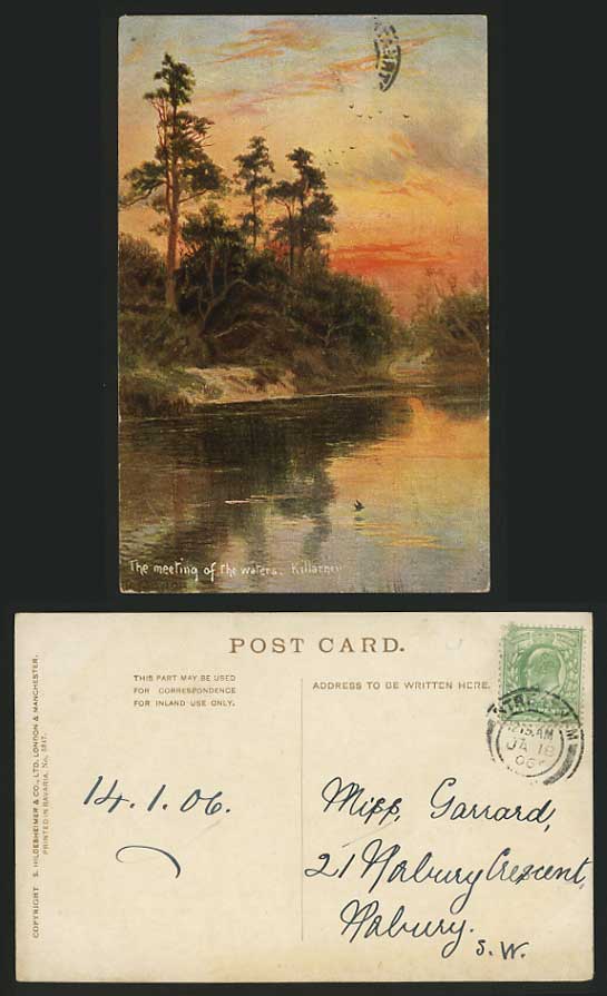 KILLARNEY 1906 Artist Postcard Meeting of Waters Sunset