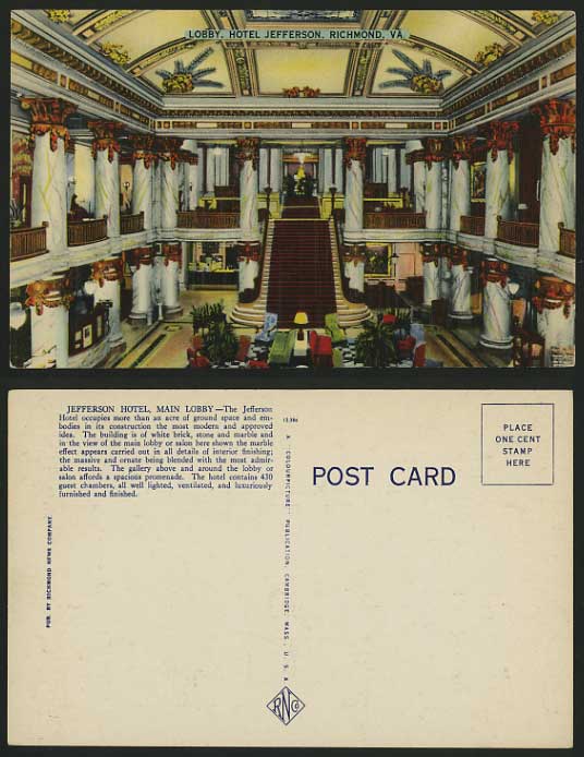 US Virginia Old Postcard RICHMOND Hotel Jefferson LOBBY