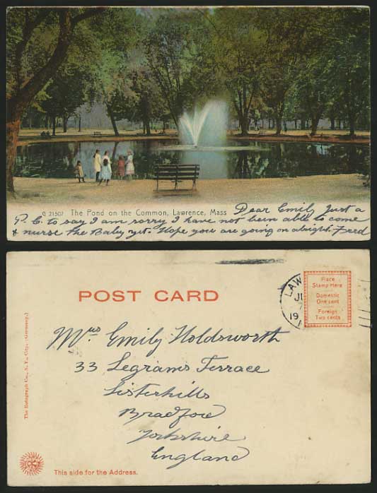USA Lawrence Old Postcard Mass. Pond on the Common Park