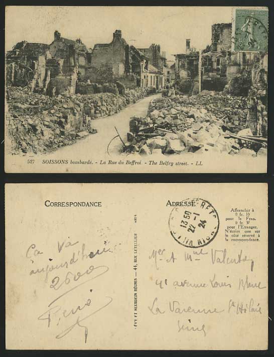 WW1 Ruins 1924 Postcard SOISSONS - Belfrey Street Scene