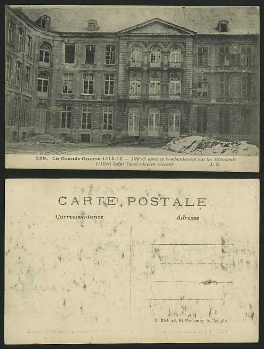 WW1 Ruins France Old Postcard ARRAS - Hotel Saint Vaast