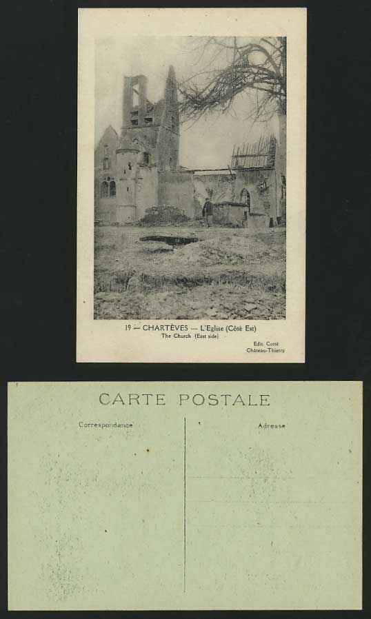 WW1 Ruins Old Postcard CHARTEVES Eglise Church E. Side