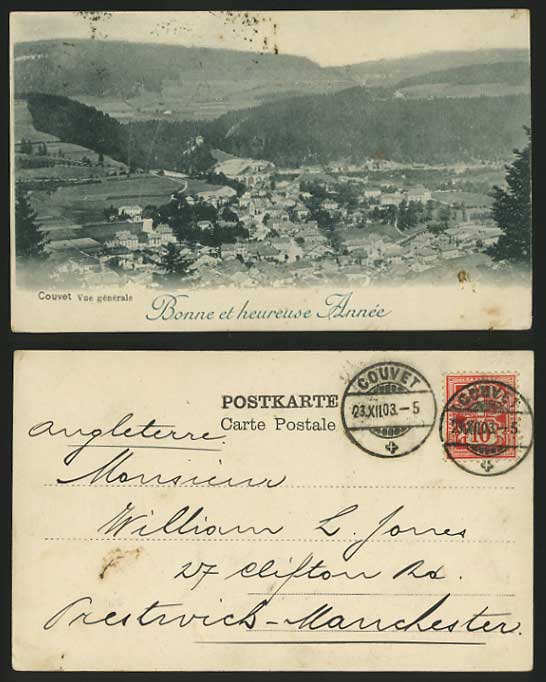 Swiss 1903 Old UB Postcard COUVET General View Panorama
