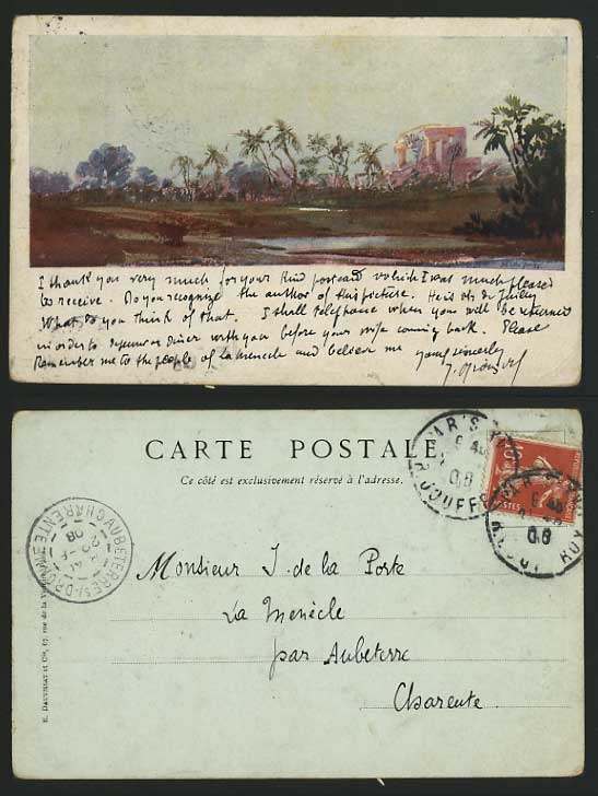 France 1908 Old Artist Signed Postcard Palm Trees Ruins