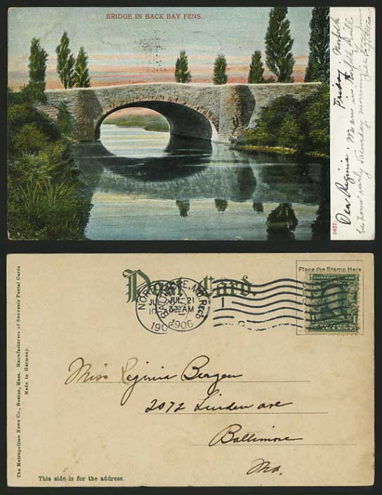 Massachusetts Boston 1906 Postcard BACK BAY FENS BRIDGE
