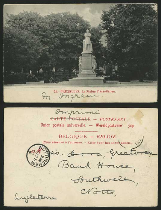 Belgium 1902 U.B. Postcard BRUSSELS Statue Frere-Orban