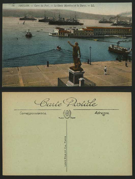 France L.L. 74 Old Postcard TOULON Harbour Statue Ships