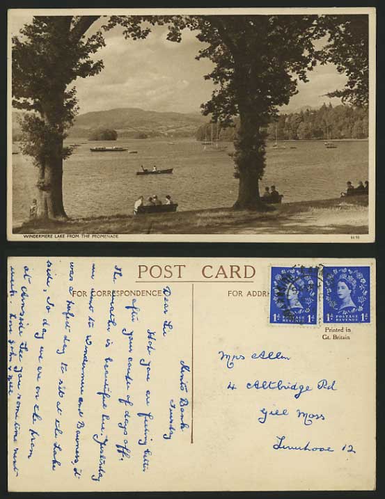 Cumbria 1956 Postcard - WINDERMERE LAKE from Promenade