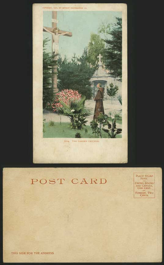 USA Old Colour Postcard The Garden Crucifix Jesus, Monk