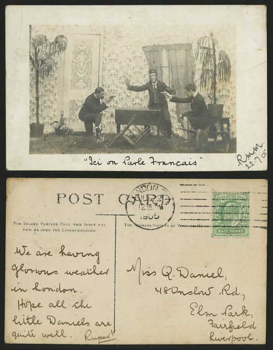 Lei on Parle Francais 1905 Postcard THEATRE Pistol Duel