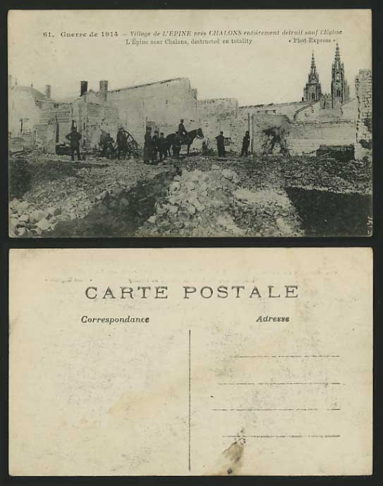 WW1 Ruins 1914 Old Postcard L'Epine near Chalons Church