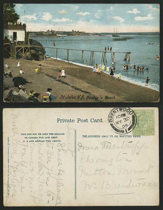 Canada N.B. 1908 Postcard Pier ST. JOHN Beatty's Beach