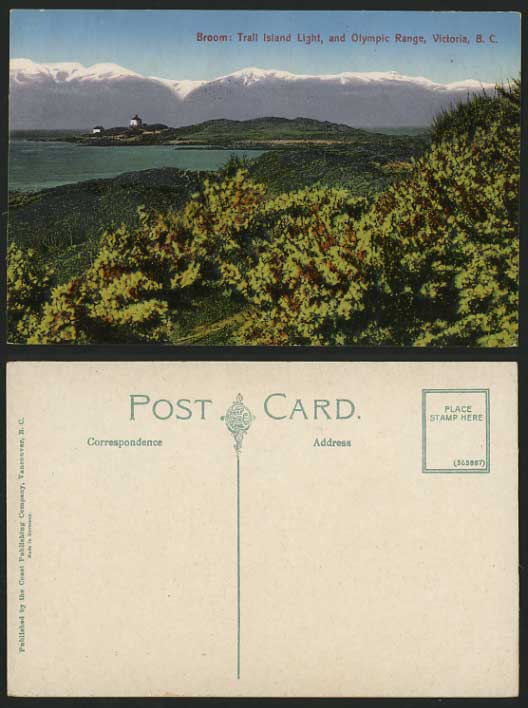 BC Old Postcard Broom Trail Island Light Olympic Range