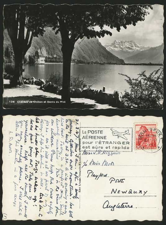 Swiss 1947 RP Postcard CHATEAU OF CHILLON Dents du Midi