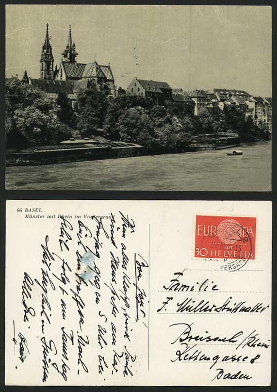 Swiss 30c Europa 1961 Postcard BASEL Muenster & Rhein