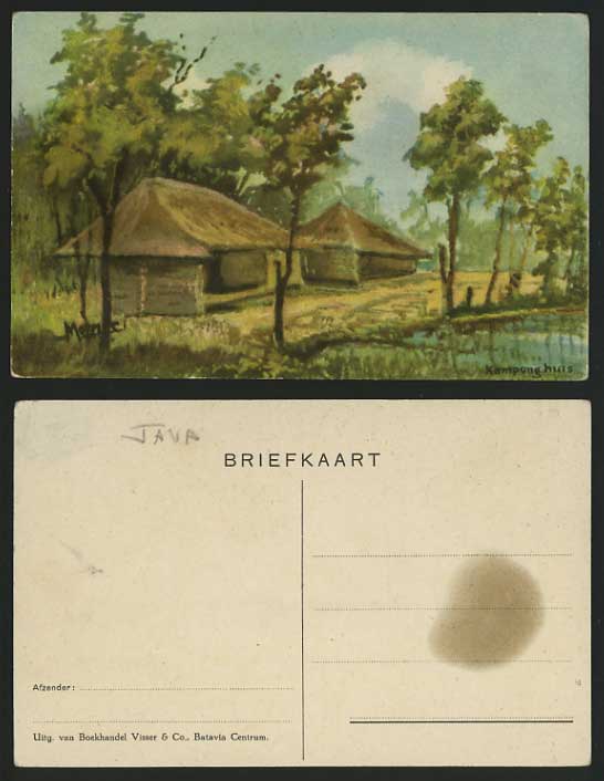 Indonesia DEI Old Art Drawn Postcard JAVA Kampong Huis