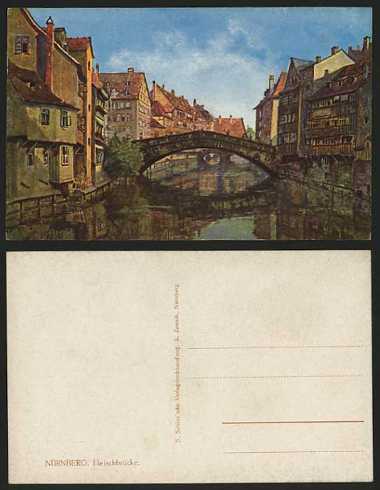 NUREMBERG Old Art Drawn Postcard Fleischbruecke BRIDGE