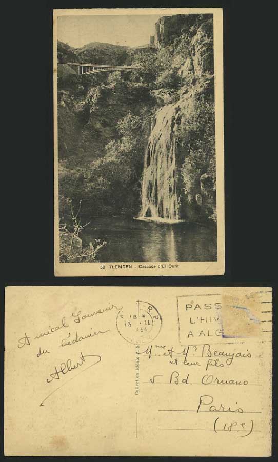 TLEMCEN 1934 Postcard Cascade d'El Ourit Falls & Bridge