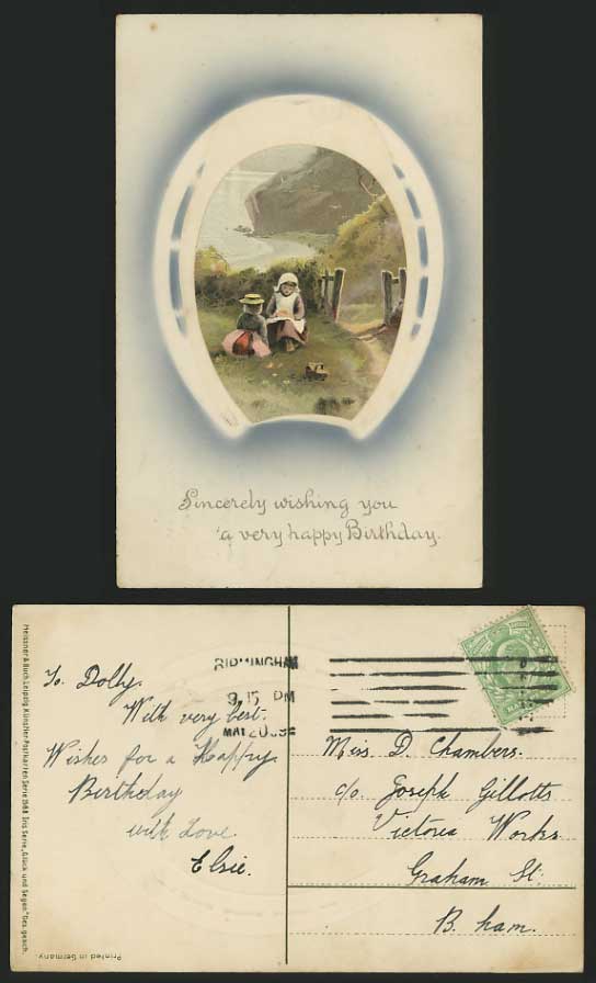 BIRTHDAY Horseshoe Children 1909 Old Embossed Postcard