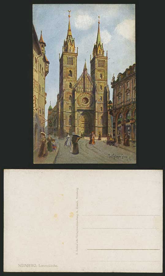 NUREMBERG Old Artist Signed Postcard Lorenzkirche Road