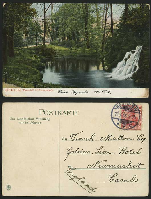 German 1906 Old Postcard BERLIN Waterfall Victoria Park