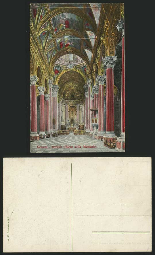 Genova Old HandTinted Postcard Nunziata Church Interior
