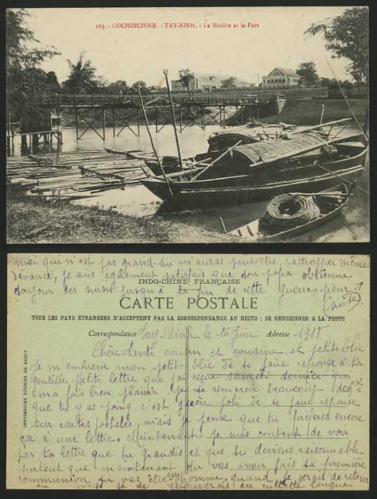 COCHINCHINE 1918 Postcard Tay-Ninh River & FORT Sampan
