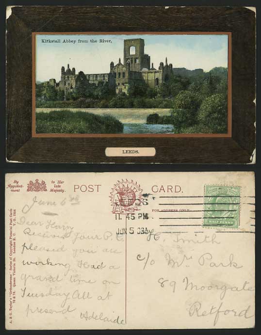 Yorkshire Leeds 1909 Old Colour Postcard KIRKSTALL ABBEY