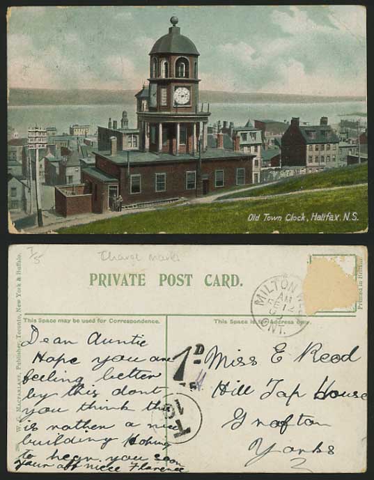 Canada 1909 Postage Due Postcard HALIFAX Old Town Clock