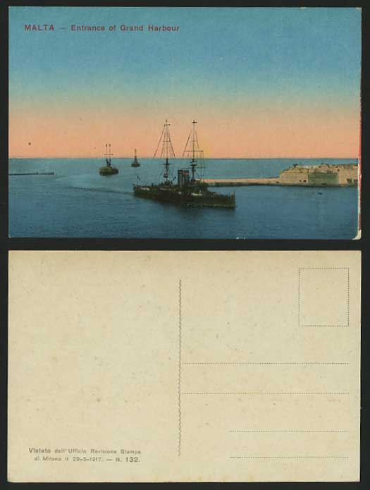 MALTA Old Colour Postcard Warship Entering Grand Harbour Entrance Battleship
