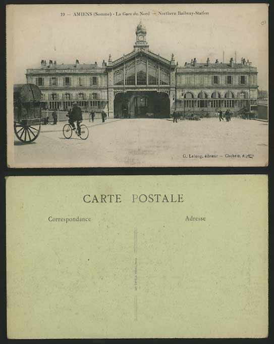 France AMIENS La Gare du Nord Som. Northern Railway Station Old Postcard BICYCLE