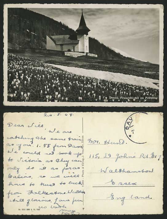 Swiss 1947 Postcard DAVOS Frauenkirchli CHURCH Fruhling