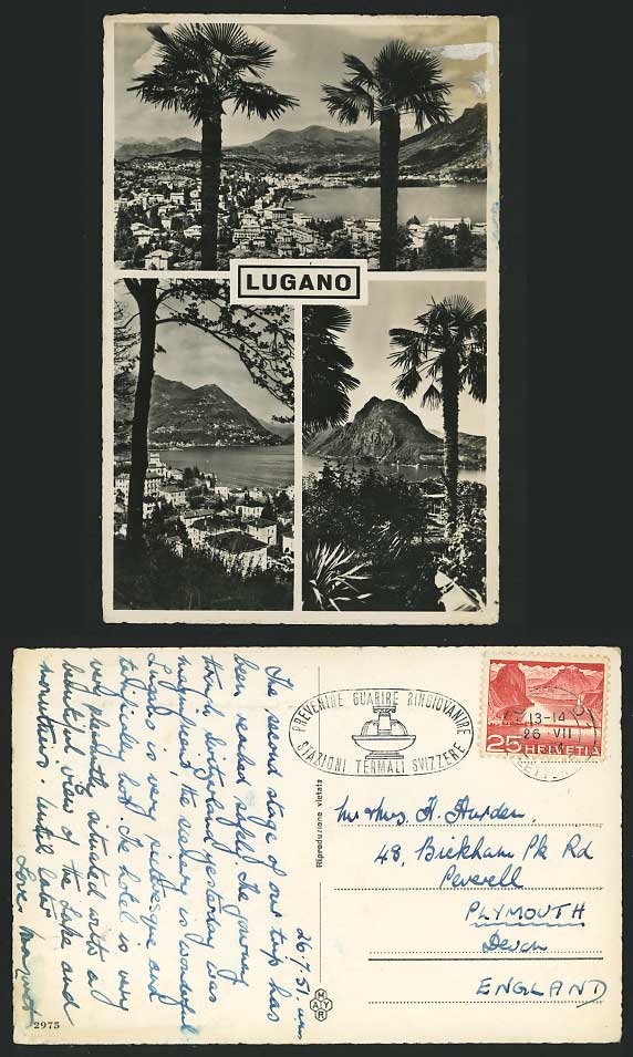 Switzerland Swiss 1951 Old Real Photo Postcard LUGANO Palm Trees & Panorama