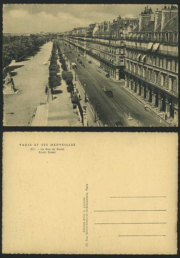 PARIS Old Postcard LA RUE DE RIVOLI STREET SCENE & Cars