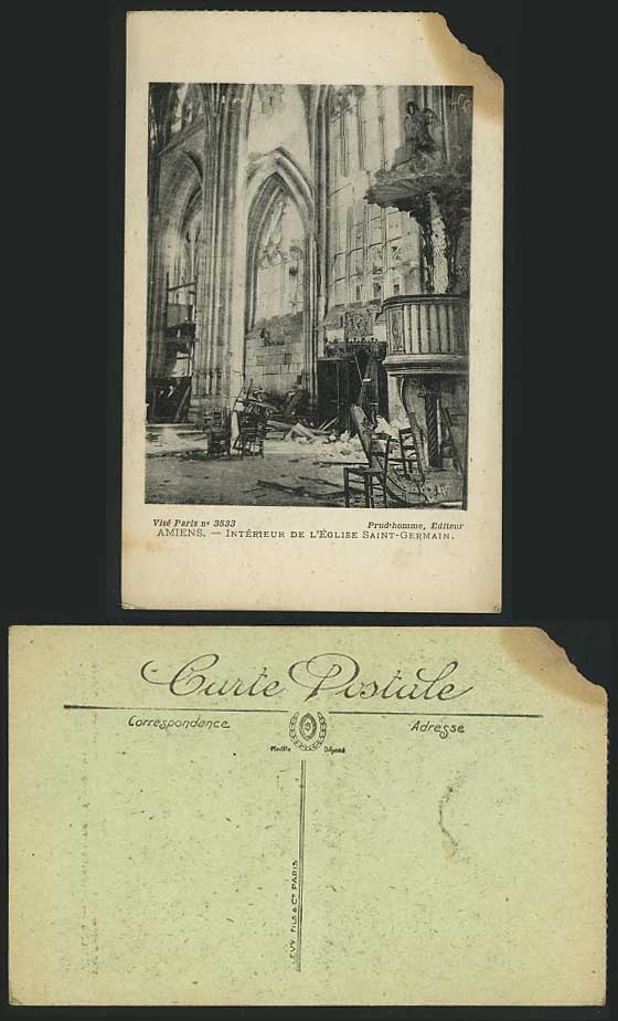 AMIENS Ruins Old Postcard Eglise Saint-Germain Interior