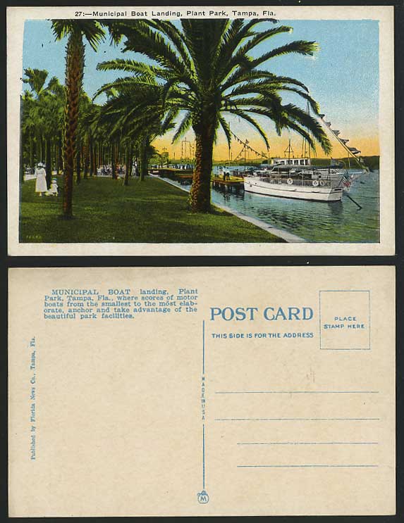 US TAMPA Old Postcard Municipal Boat Landing Plant Park