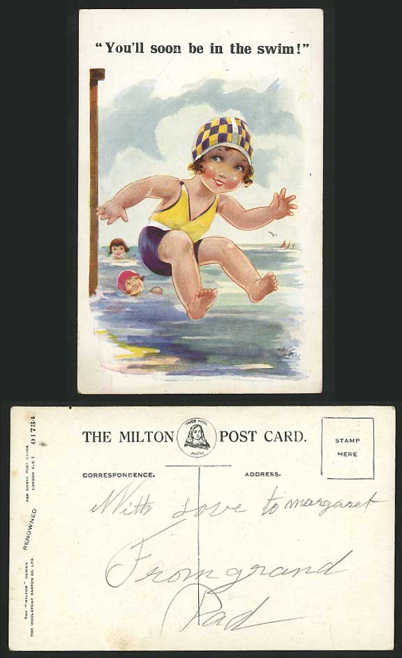 Girl Jump into Sea Be In The Swim Old Postcard Children