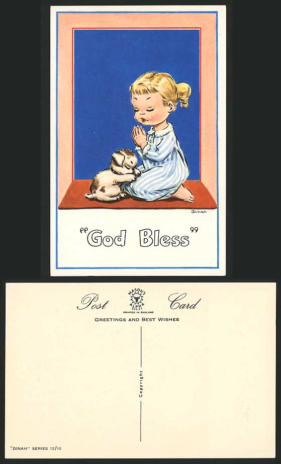 DINAH Artist Signed Old Postcard Girl & Dog - GOD BLESS