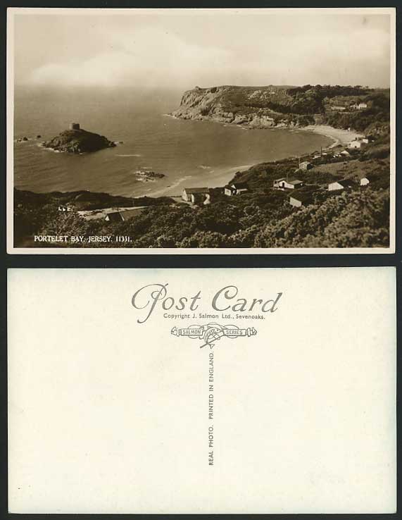 Jersey Old Real Photo Postcard PORTELET BAY Beach Round Tower Small Island Rock