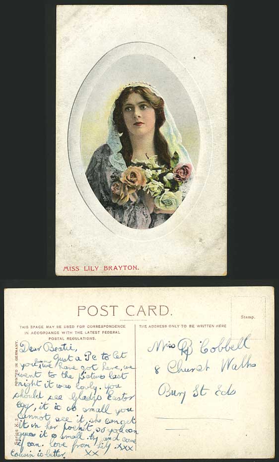 Actress MISS LILY BRAYTON & Flowers Old Colour Postcard