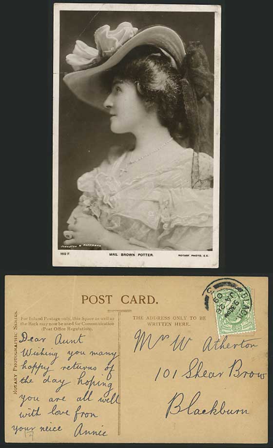 Edwardian Actress Mrs BROWN POTTER 1909 Old Real Photo Postcard