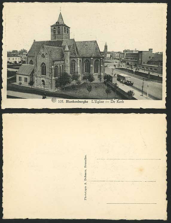 Belgium Blankenberghe Old Postcard Church Eglise & Vintage Bus Street Scene
