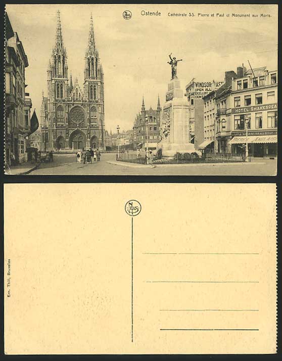 OSTEND Old Postcard Statue Hotels & Cathedral SS Pierre