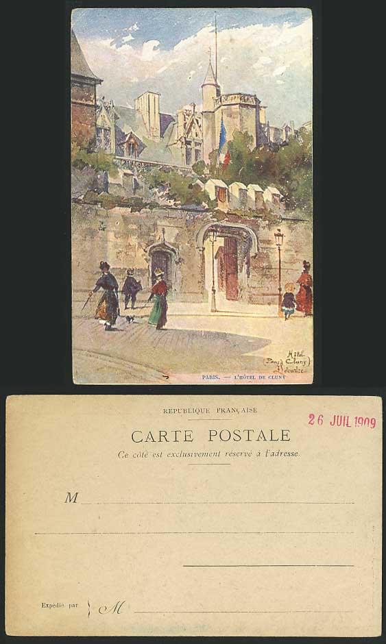 Paris 1909 Old Artist Signed Postcard l' HOTEL de CLUNY