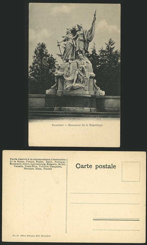 Switzerland Swiss Old Postcard NEUCHATEL Monument de la Republique Statue Woman