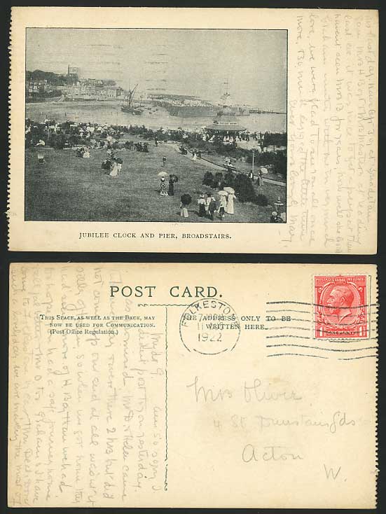 BROADSTAIRS 1922 Old Postcard JUBILEE CLOCK TOWER, PIER Garden Viking Bay