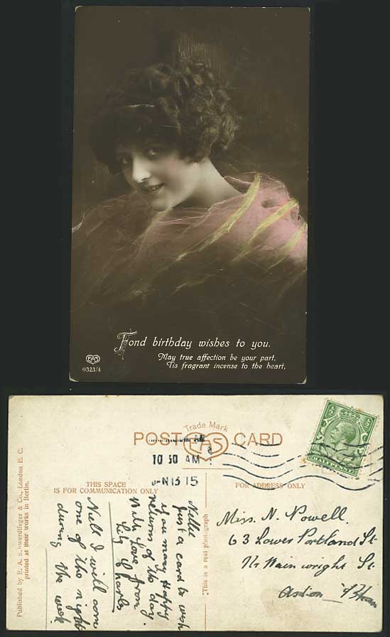 Girl 1915 Old Hand-Coloured Postcard Birthday Greetings