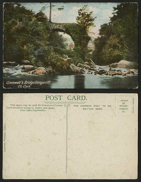 Ireland Co. CORK Old Colour Postcard GLENGARRIFF Cromwell's Bridge & River Scene