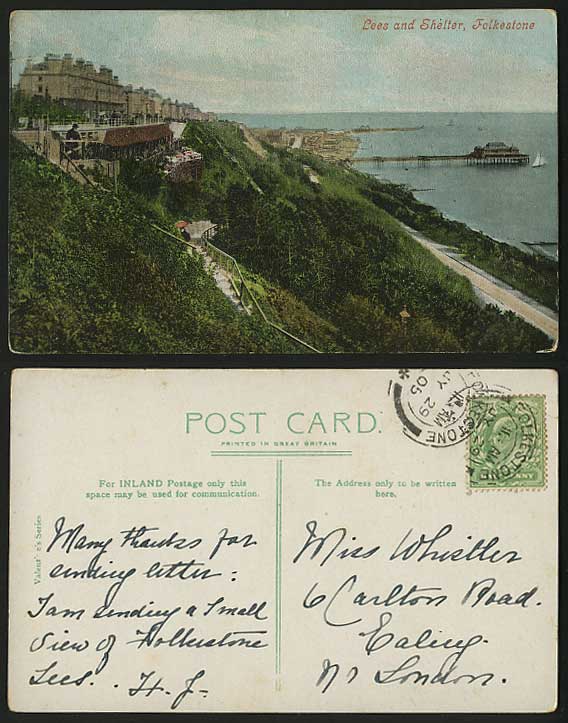 FOLKESTONE Kent 1905 Old Colour Postcard PIER Leas / Lees & Shelter