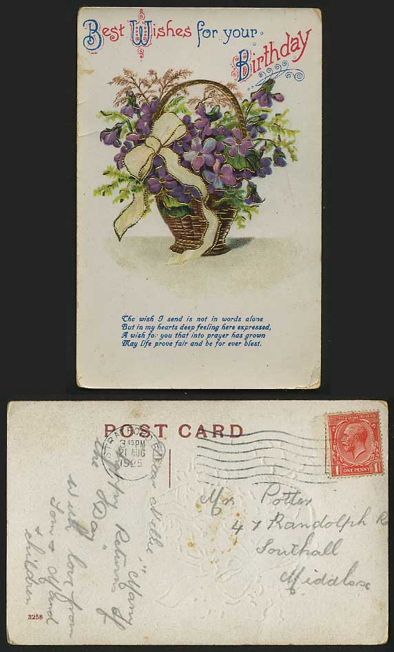 Best Wishes For Ur Birthday 1925 Postcard Flower Basket